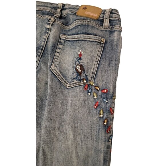 Bubblegum Womens 7/8 Jeans With Embroidered Peacock Design & Bead Accents - Dist - Picture 3 of 8